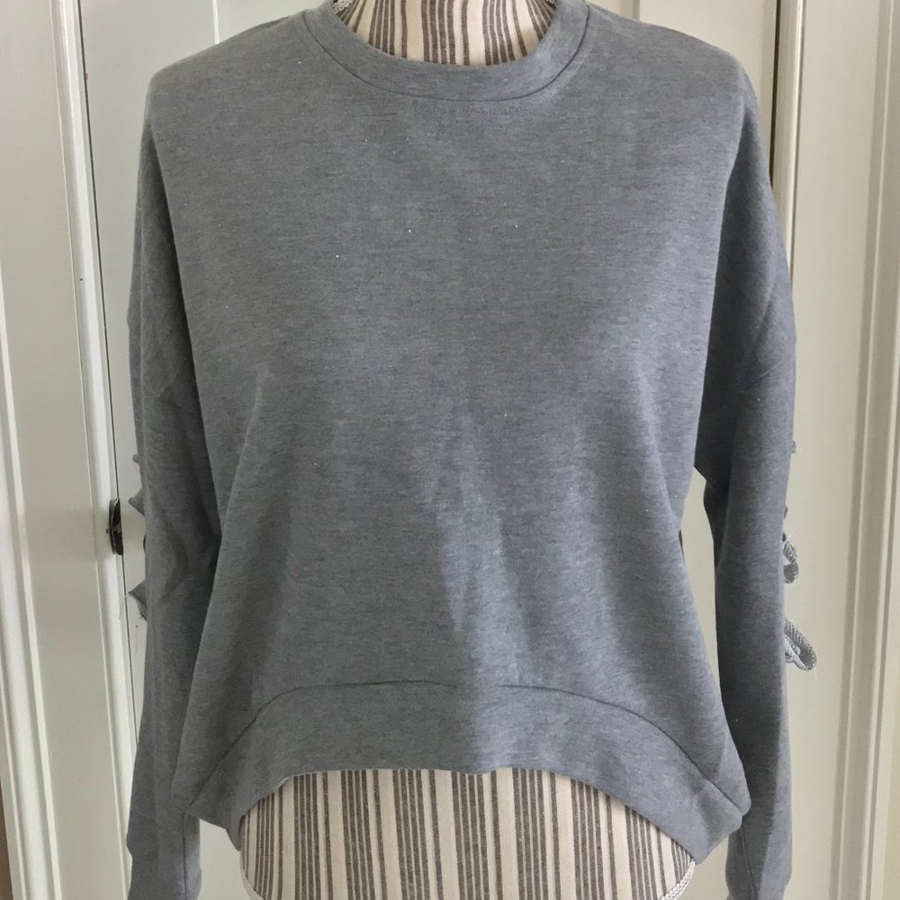 Unique Find Hi-Lo Hem Sweatshirt Top Ripped Sleeves S M L Heather Grey Crewneck - Picture 5 of 16